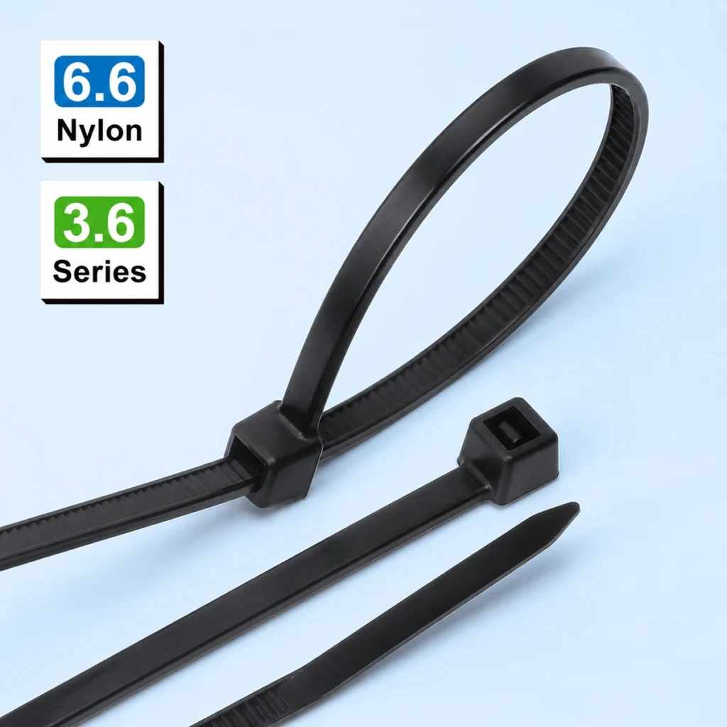 3.6mm intermediate cable ties made from PA66 nylon on blue background