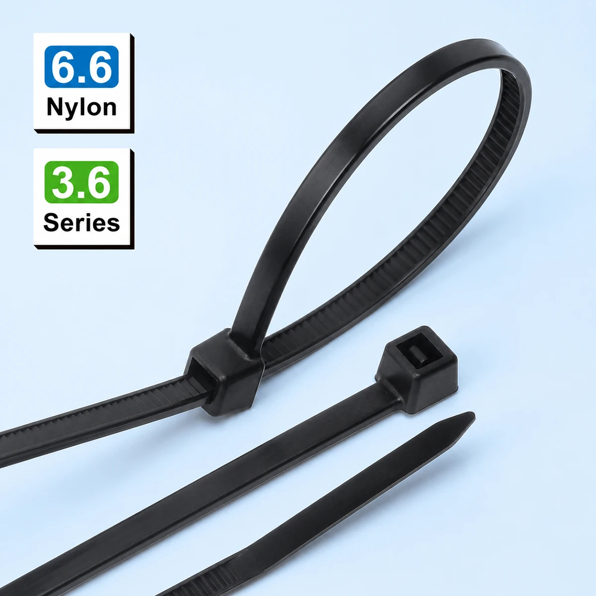 3.6mm intermediate cable ties made from PA66 nylon on blue background