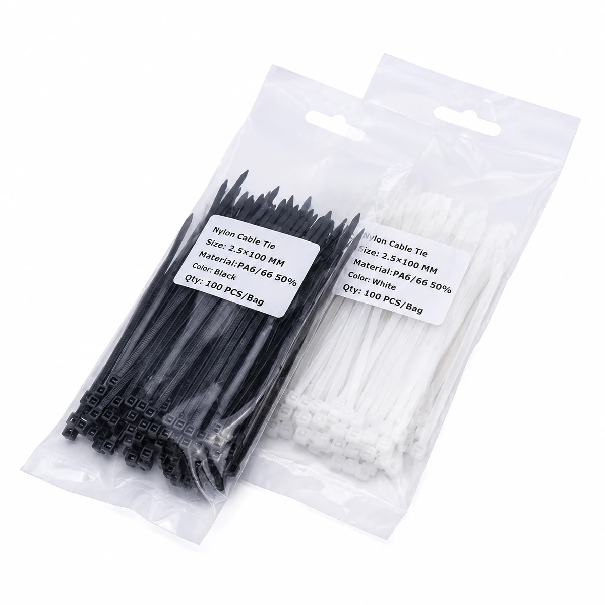 packaged 2.5mm mini cable ties in black and white 100 pcs per bag