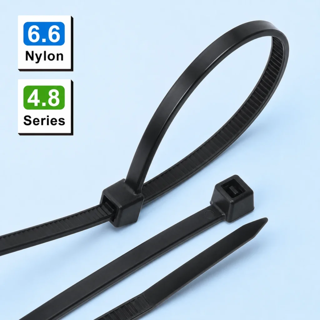 4.8mm standard cable ties made from PA66 nylon on blue background