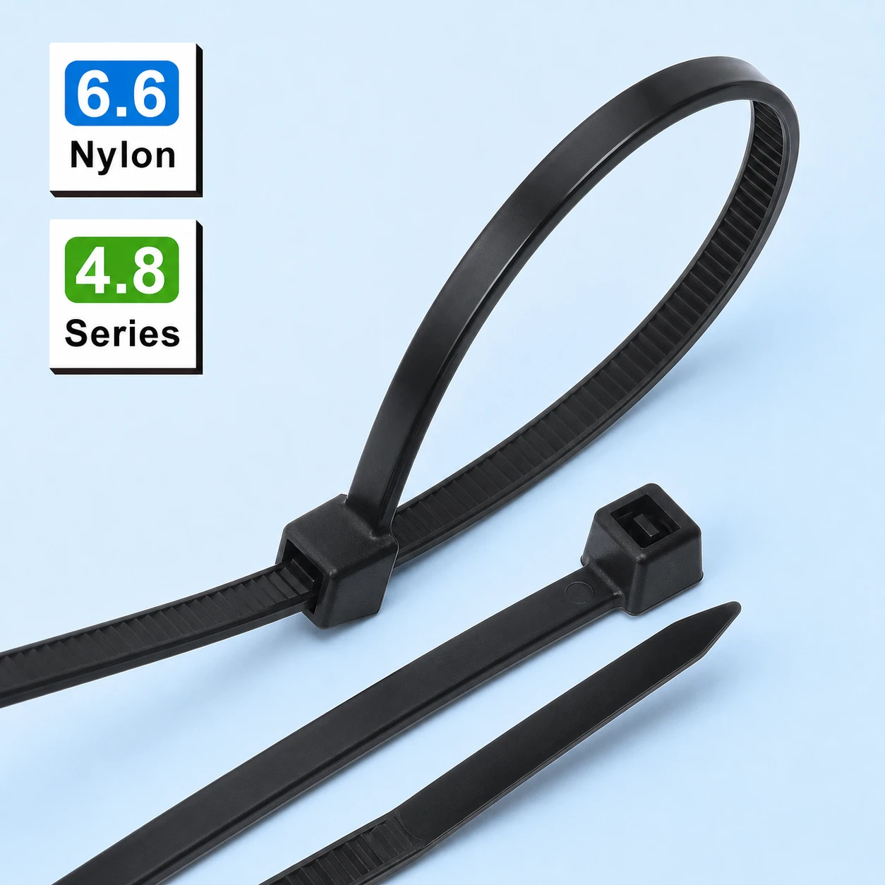 4.8mm standard cable ties made from PA66 nylon on blue background