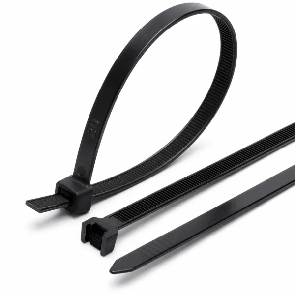 Close up of 7.6mm heavy duty cable ties with reinforced locking head and serrated strap