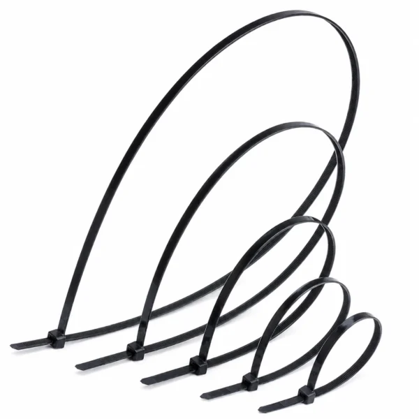 Black 7.6mm heavy duty cable ties in multiple lengths for large cable bundling