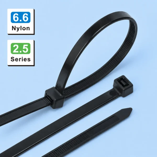 Three black 7.6mm heavy duty cable ties in different lengths for large bundles