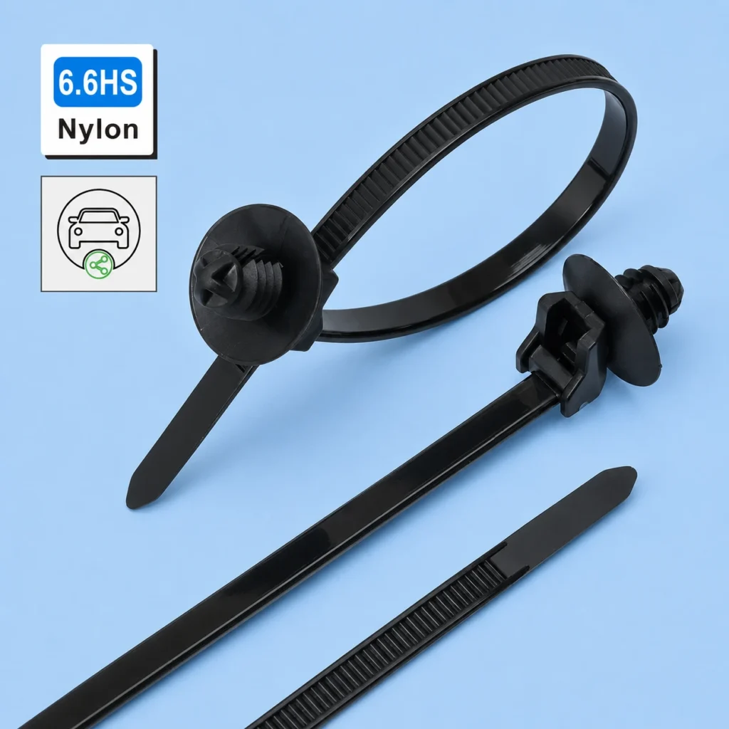 Automotive cable ties 4.6x165 with rectangular push-in buckle for vehicle wiring harness fixing