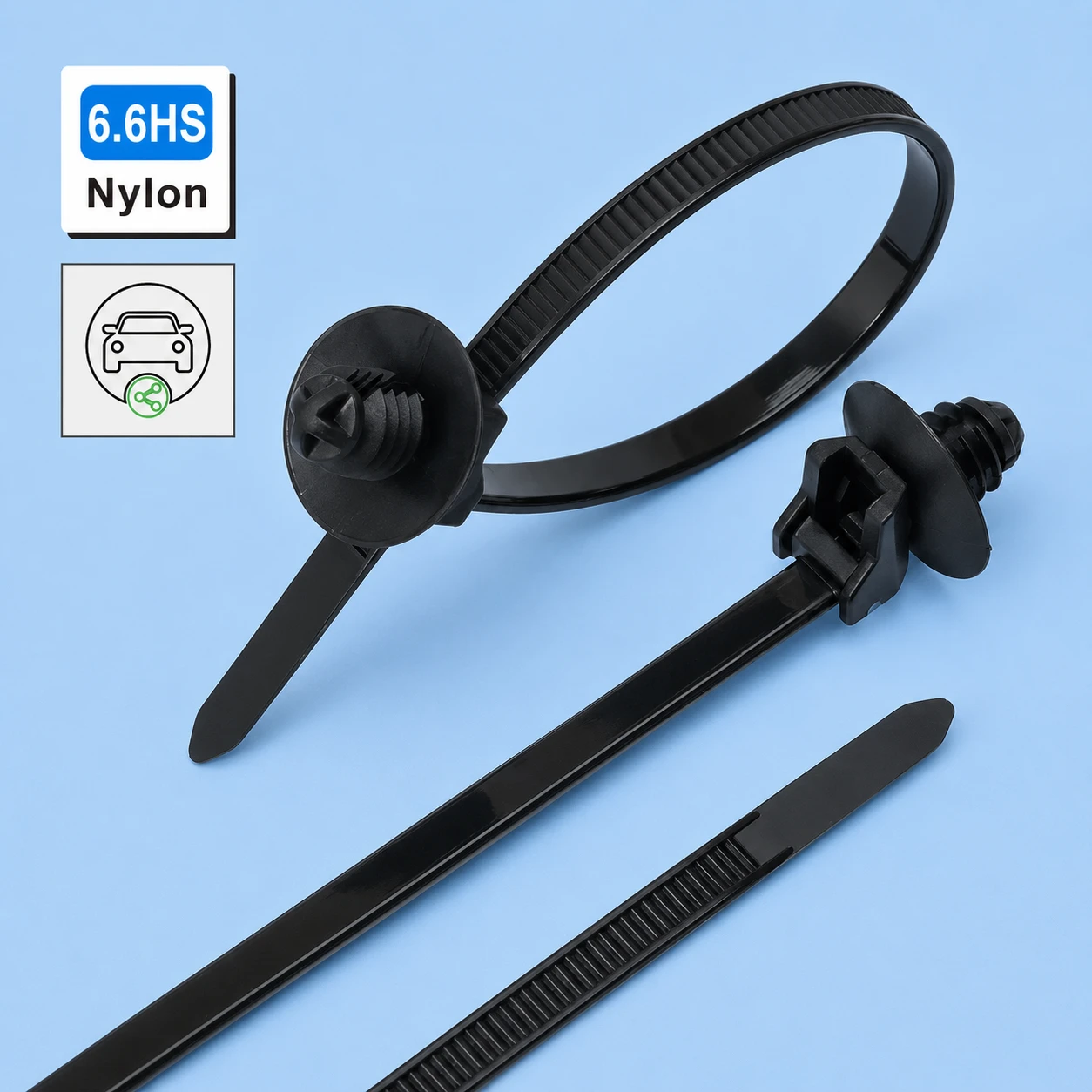 Automotive cable ties 4.6x165 with rectangular push-in buckle for vehicle wiring harness fixing