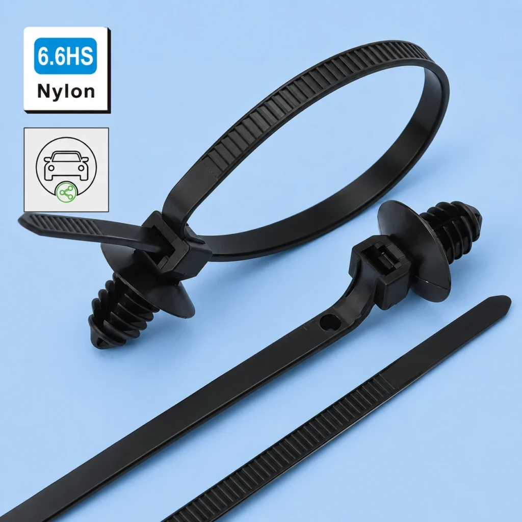 Automotive cable ties threaded head 4.7x165 with 6.6HS nylon strap for vehicle wiring harness fixing