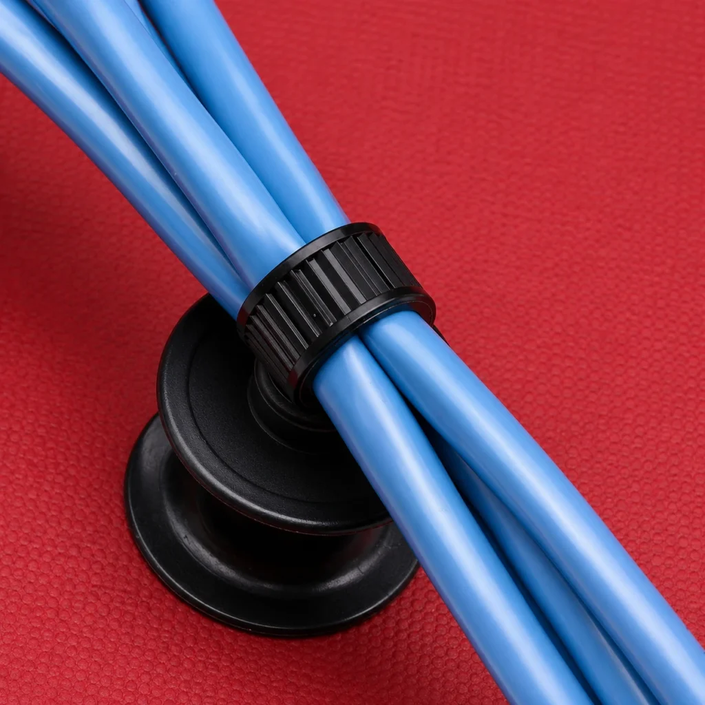 Automotive chassis cable ties fastening blue cable bundles