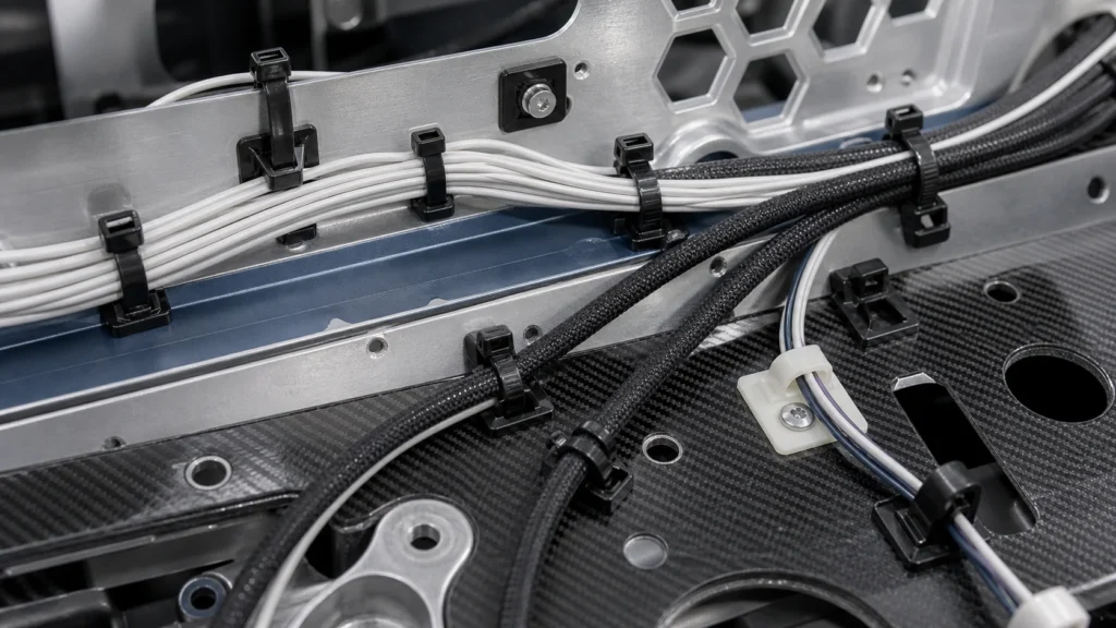 Cable Ties for Automotive and Aerospace securing wire harnesses in vehicle and aircraft assemblies