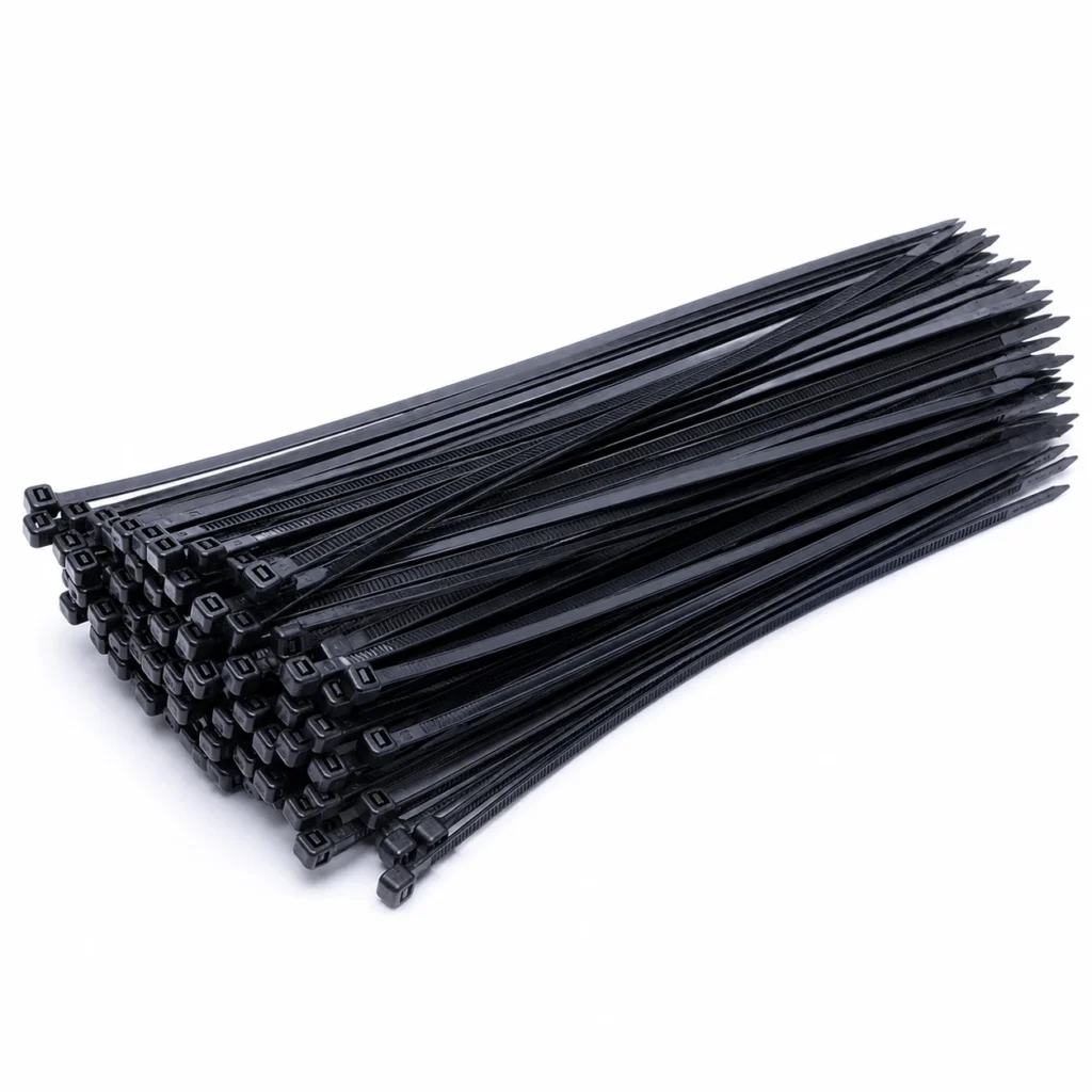 Bulk pack of black 4.4mm standard cable ties for industrial cable bundling applications
