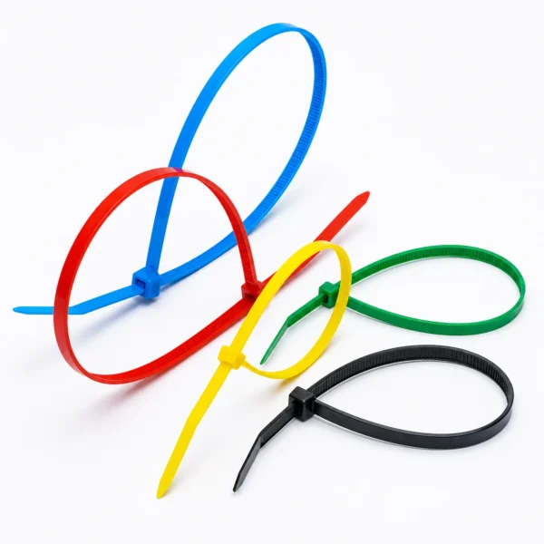 Assorted colour cable ties in blue, red, yellow, green, and black for cable management