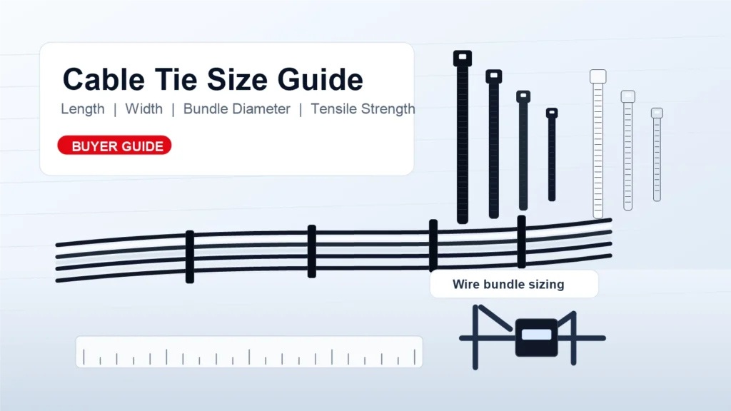 Cable Tie Size Guide showing cable tie length, width, and wire bundle sizing