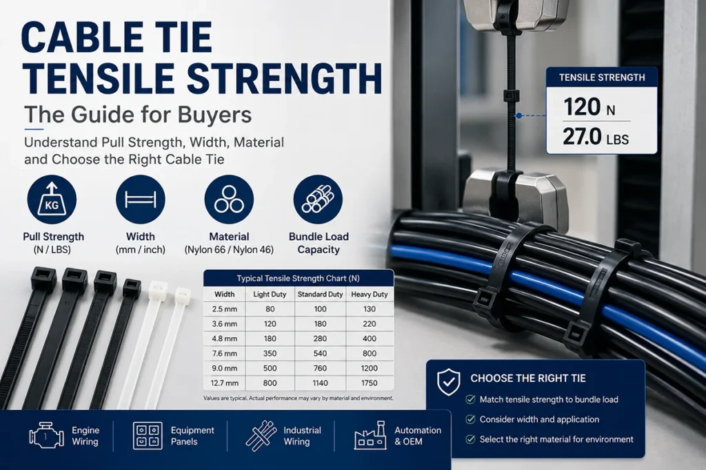 Cable Tie Tensile Strength guide showing tensile testing, wire bundles, and nylon cable ties for industrial wiring applications