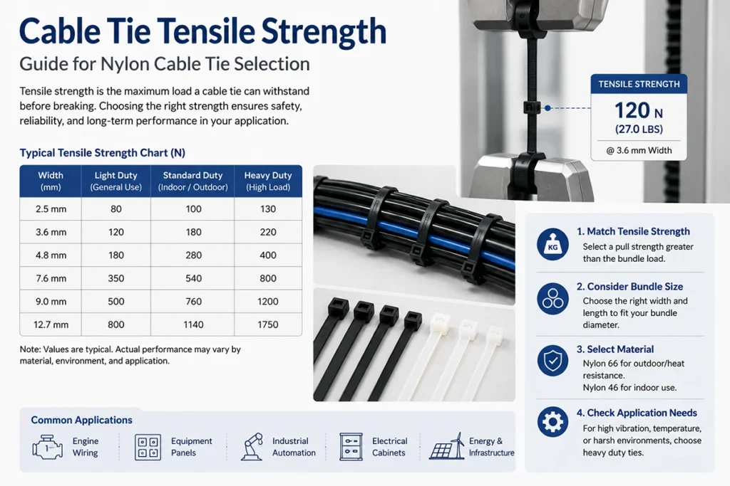 Cable Tie Tensile Strength guide with tensile strength chart, nylon cable tie selection tips, pull strength test, and cable bundle applications