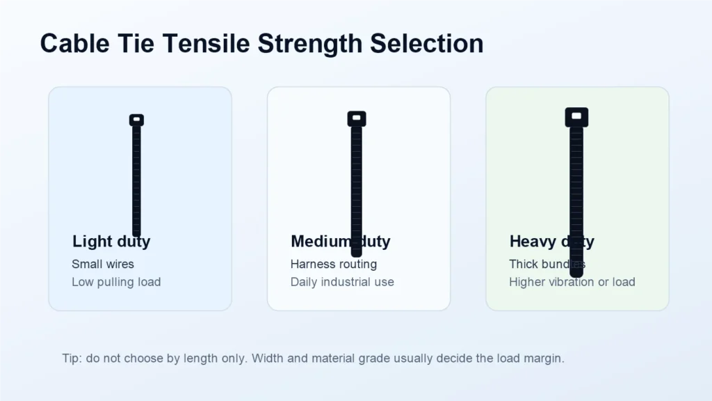 Cable Tie Size Guide explaining cable tie tensile strength selection