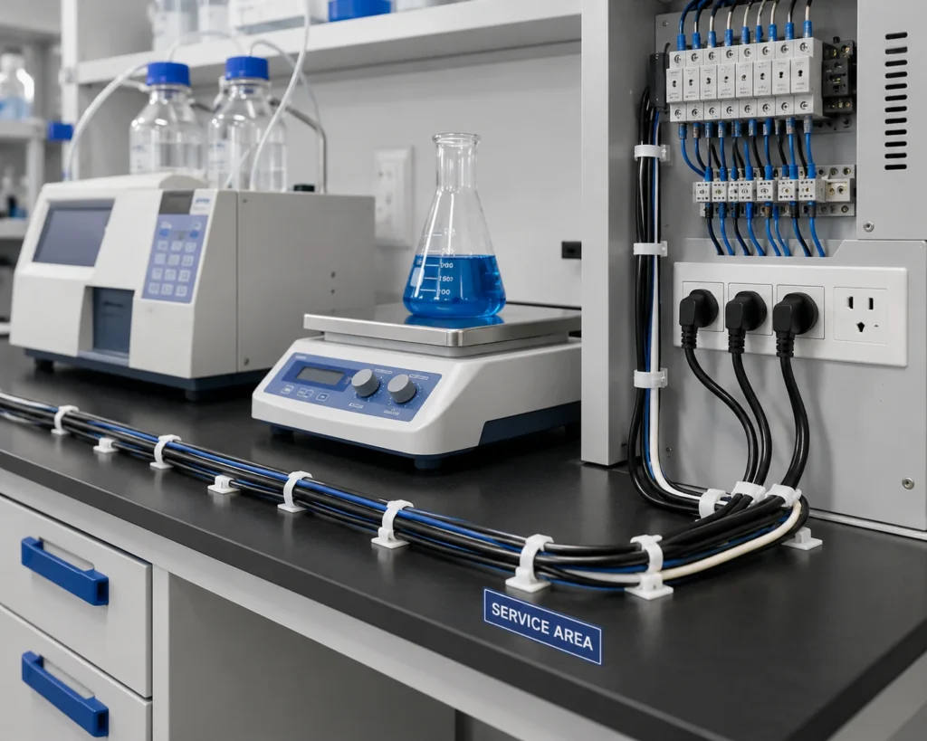 Cable Ties for Medical Applications organizing laboratory equipment cables on a clean laboratory workbench