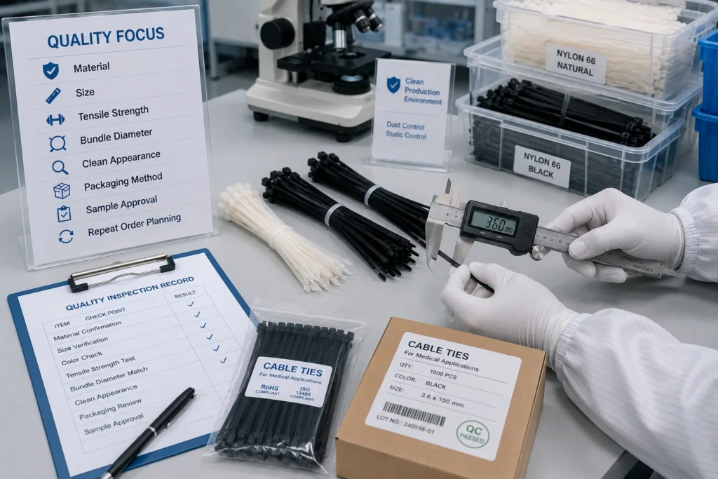 Quality inspection of Cable Ties for Medical Applications with measurement tools and laboratory quality control