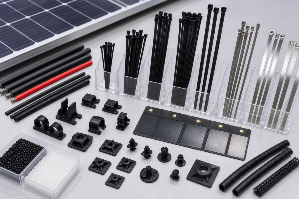 Cable Ties for Solar PV available in multiple sizes with cable clips and mounting accessories