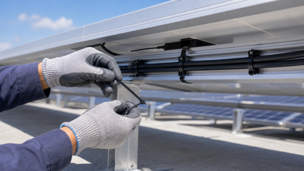 Cable Ties for Solar PV securing solar cables underneath photovoltaic panels