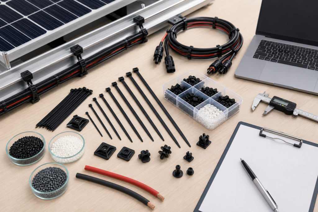 Cable Ties for Solar PV with cable clips, mounts, and solar cable management accessories