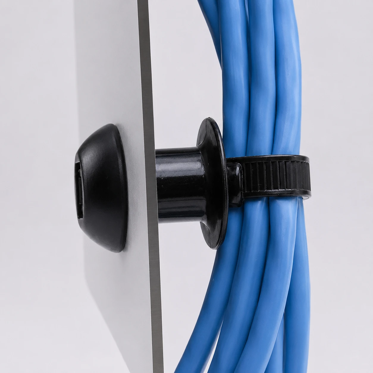 Chassis cable ties securing blue cable bundles on panel