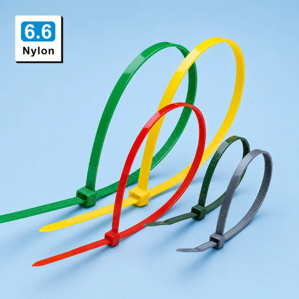 Colour cable ties made from PA66 nylon in green, yellow, red, dark green, and gray colors