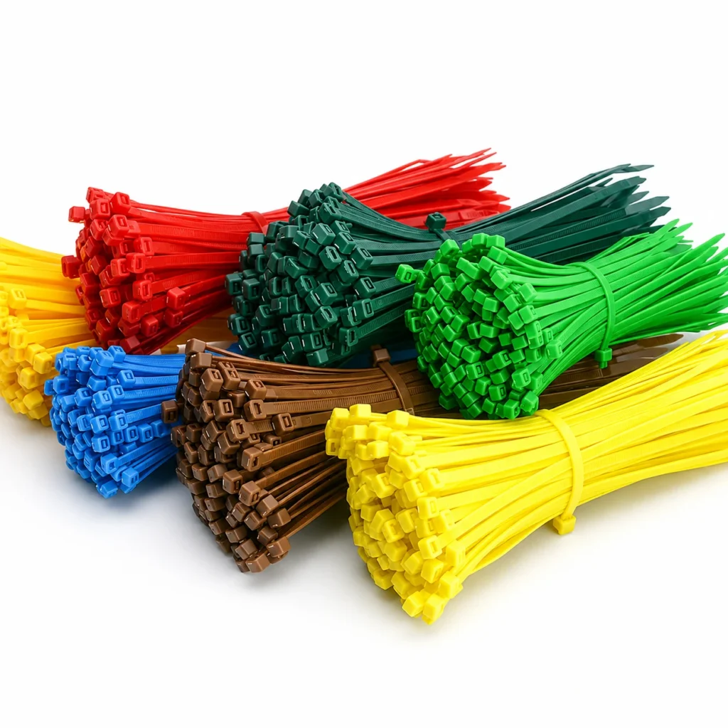 Bulk colour cable ties in red, green, yellow, blue, and brown for wholesale supply