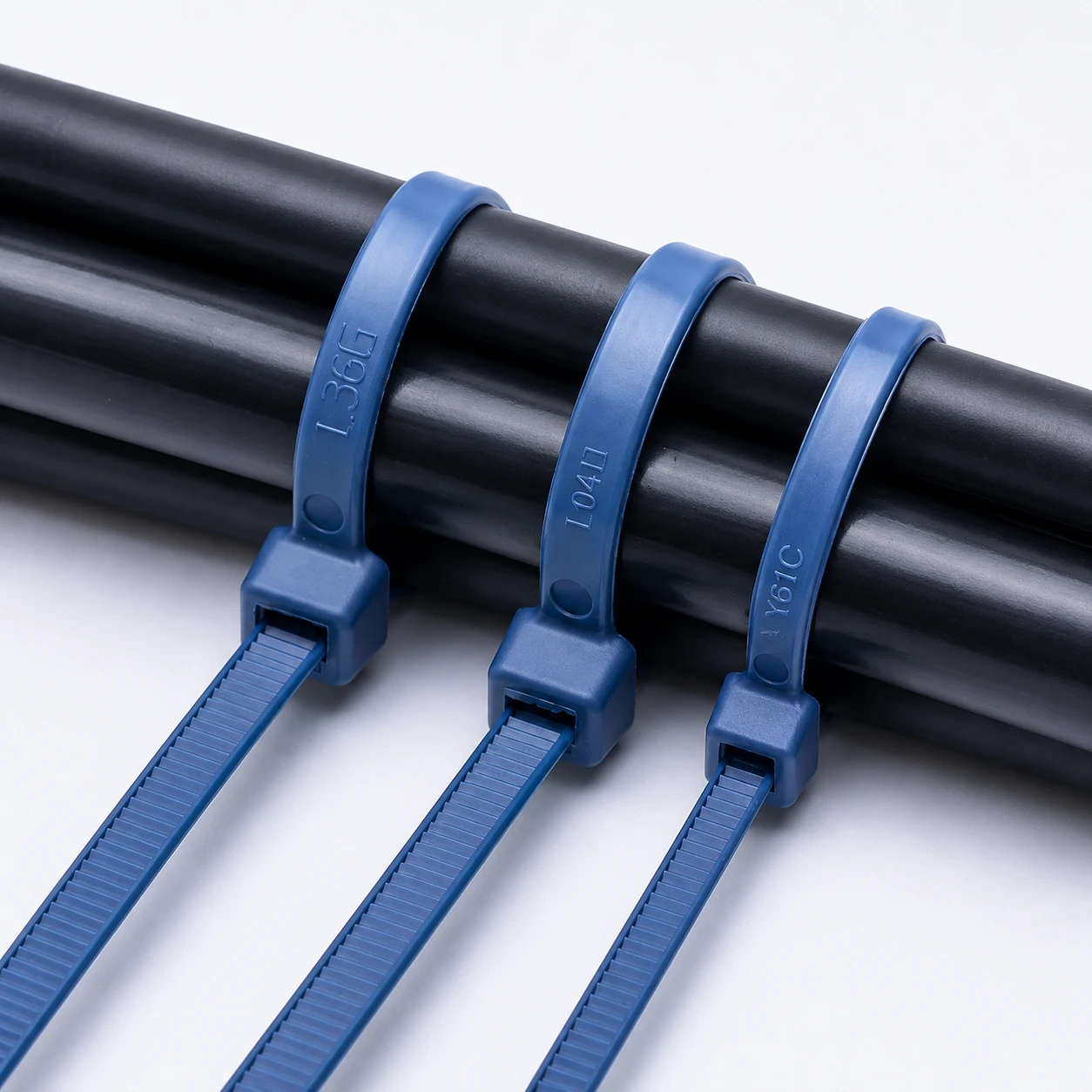 Metal detectable cable ties securing black cables