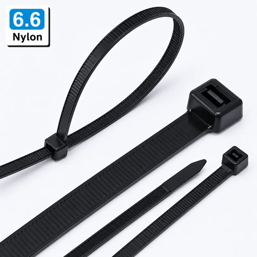 Double sided toothed cable ties made from PA66 nylon with teeth on both sides for flexible cable bundling