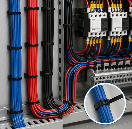 Double sided toothed cable ties securing organized electrical wiring inside a control cabinet