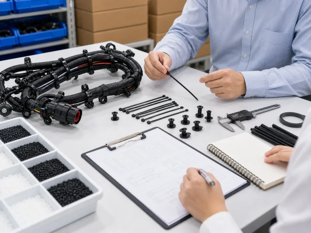 Cable Ties for Engine Compartments material samples and mounting accessories