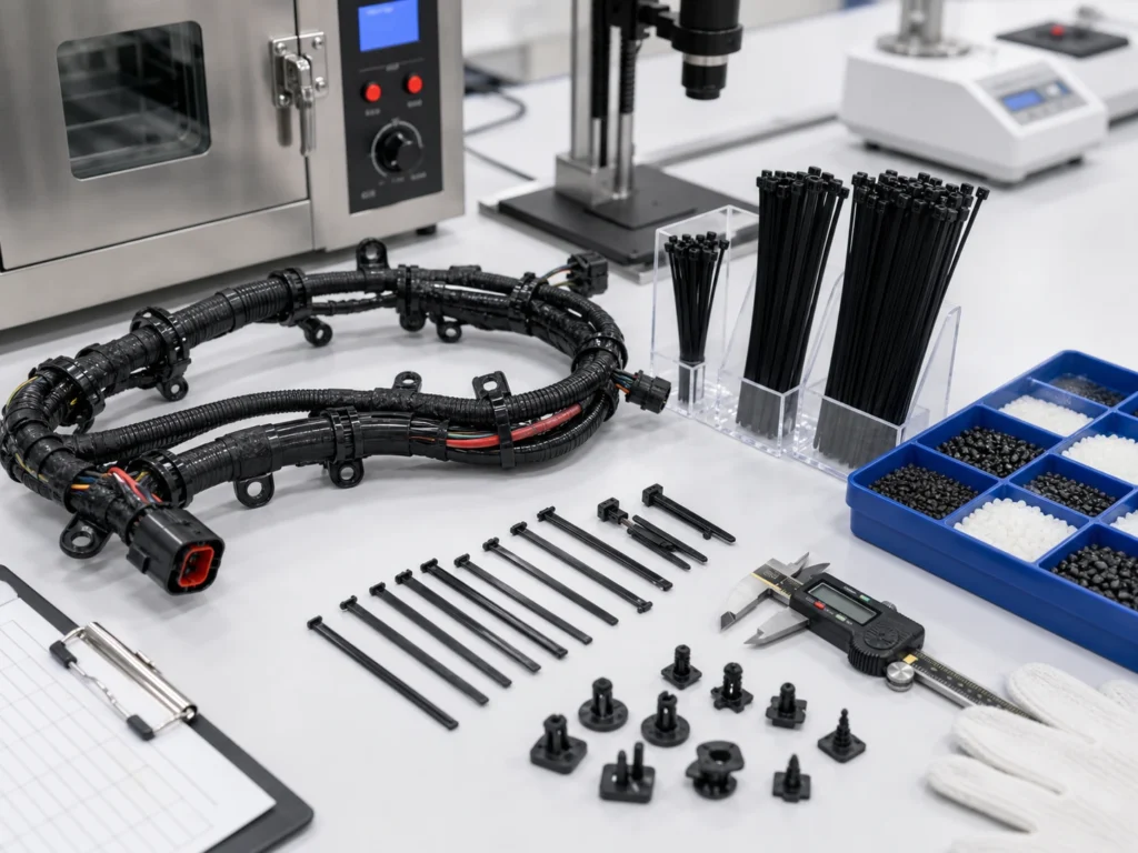 Cable Ties for Engine Compartments displayed with harness samples and testing equipment