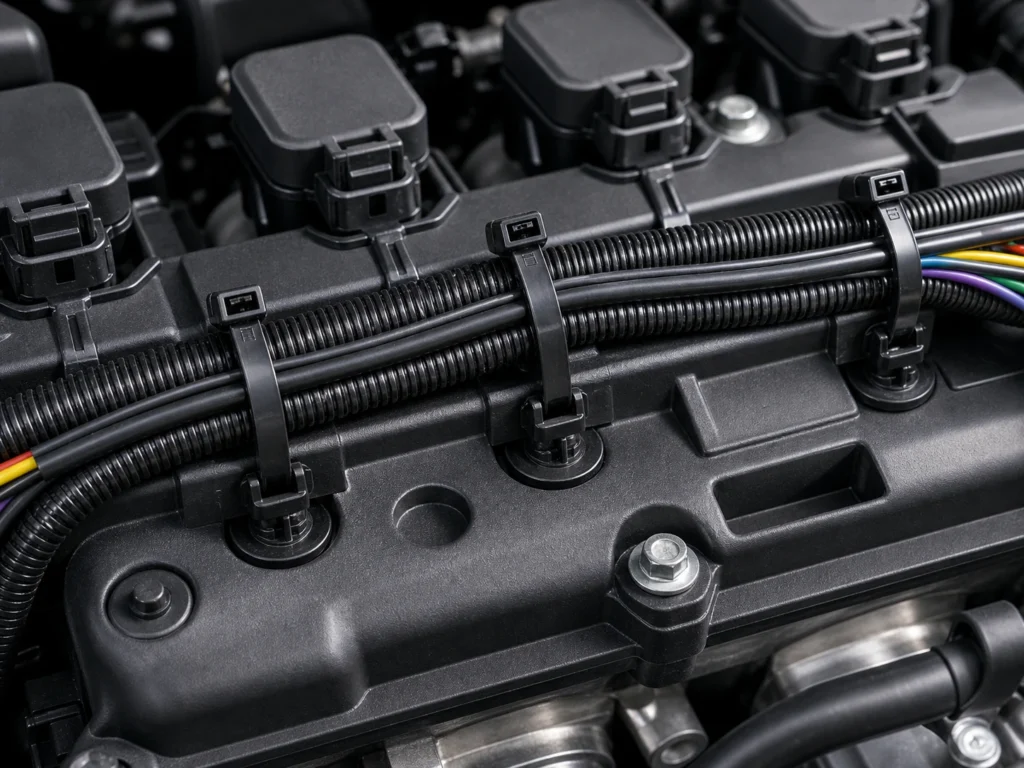Cable Ties for Engine Compartments fixing wire conduits on engine cover