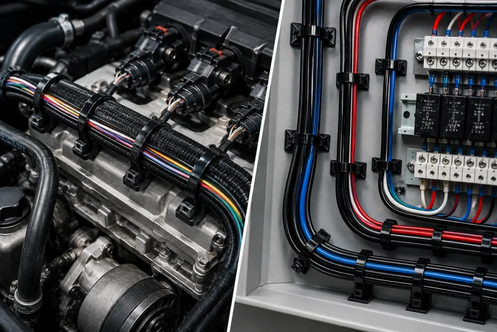 Heat Resistant Cable Ties securing engine wiring harnesses and equipment panel cable routing in high-temperature industrial applications