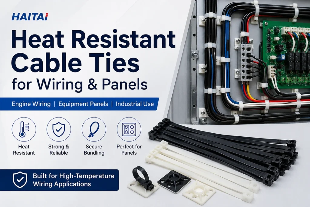 Heat Resistant Cable Ties securing engine wiring, electrical panels, and industrial cable management systems