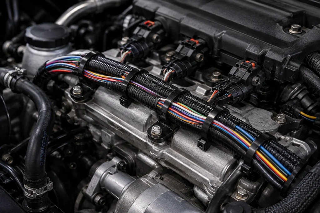 Heat Resistant Cable Ties securing automotive engine wiring harness for high temperature cable management