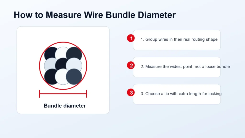 Cable Tie Size Guide showing how to measure wire bundle diameter