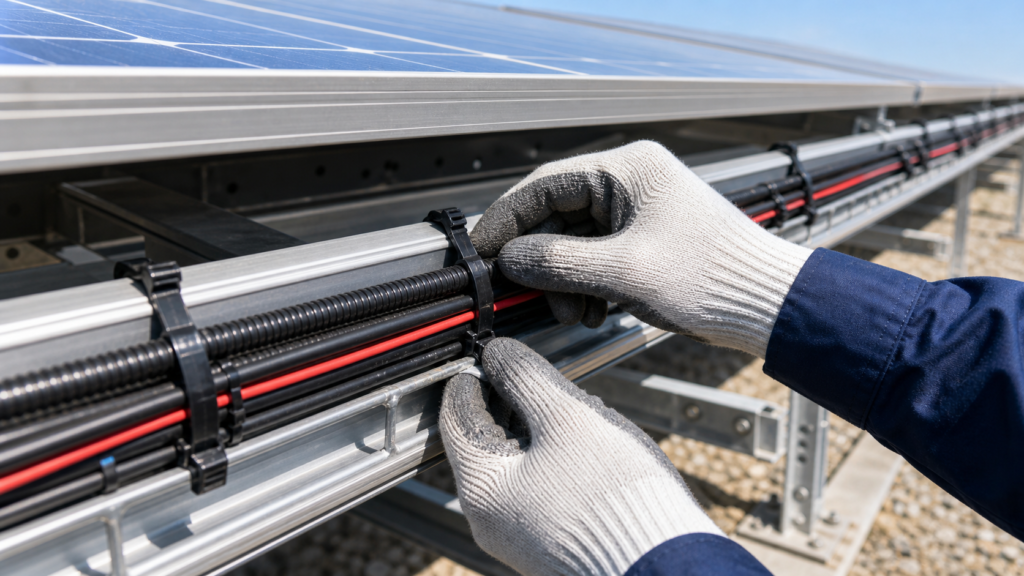 Technician installing Cable Ties for Solar PV to secure photovoltaic cables on mounting rails