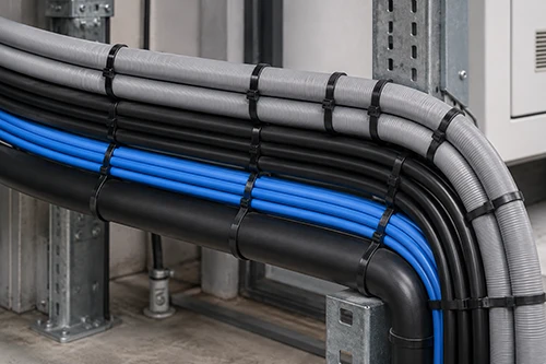 7.6mm heavy duty cable ties securing large cable bundles in an industrial cable routing system