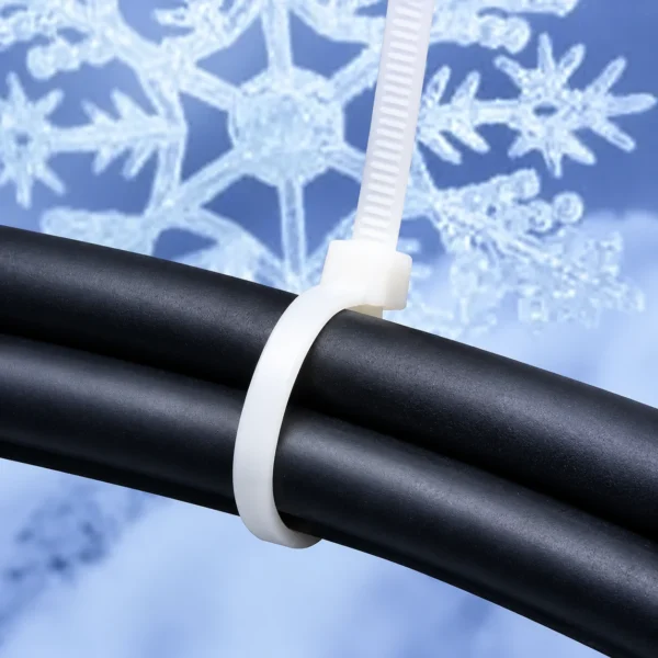 Cold weather nylon cable tie securing black cables