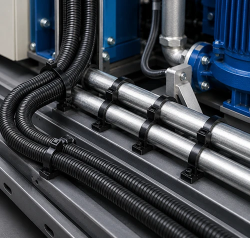 Double sided toothed cable ties fixing pipes and corrugated hoses on industrial machinery