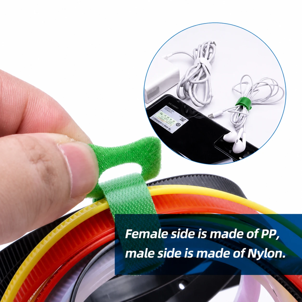 Green magic cable ties securing colorful cables for reusable cable management