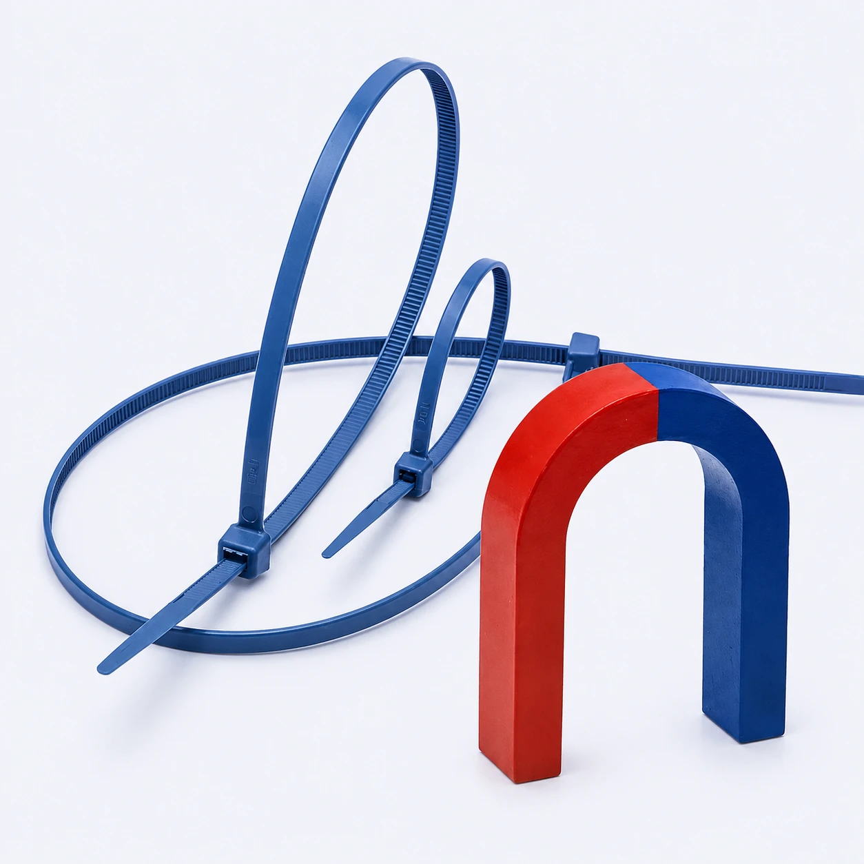Metal detectable cable ties shown with magnet detection