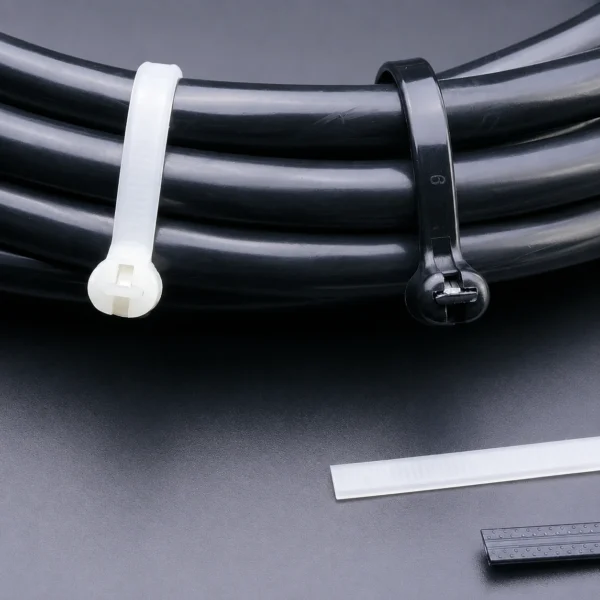 Black and natural metal pawl cable ties securing large black pipes