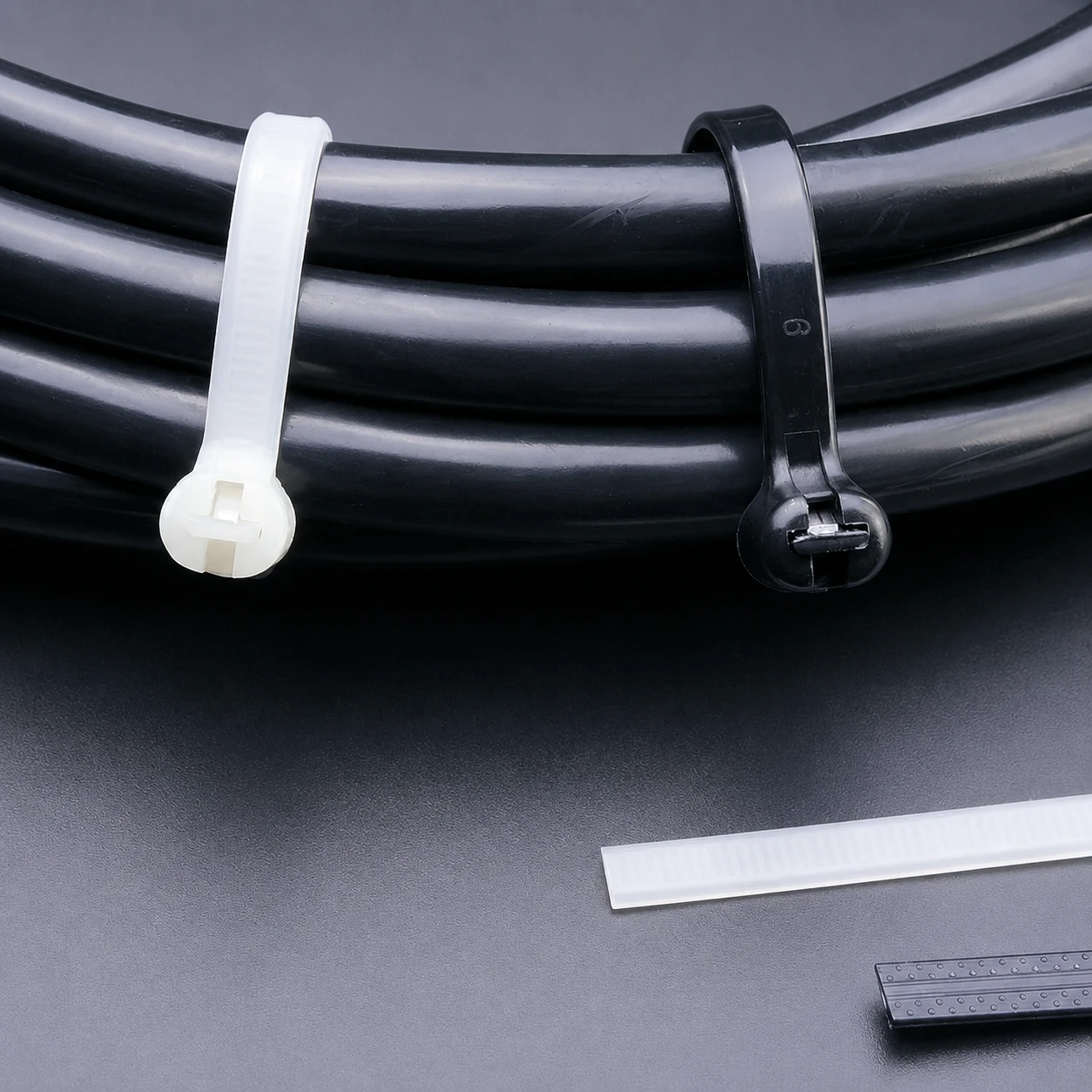 Black and natural metal pawl cable ties securing large black pipes