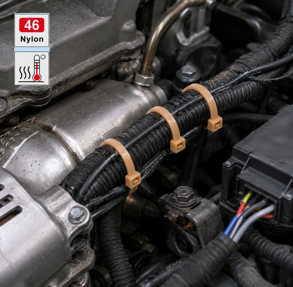 PA46 cable ties securing automotive engine compartment wiring