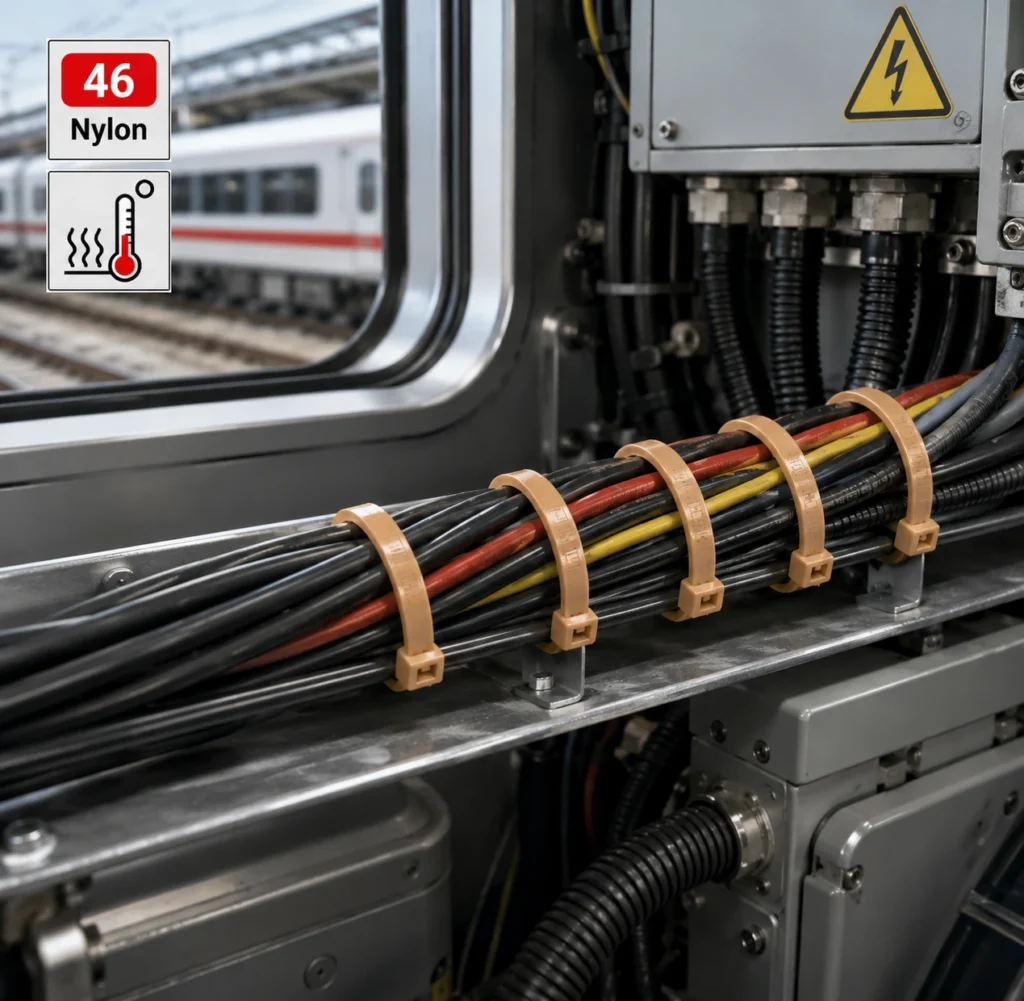 PA46 cable ties securing railway electrical cables