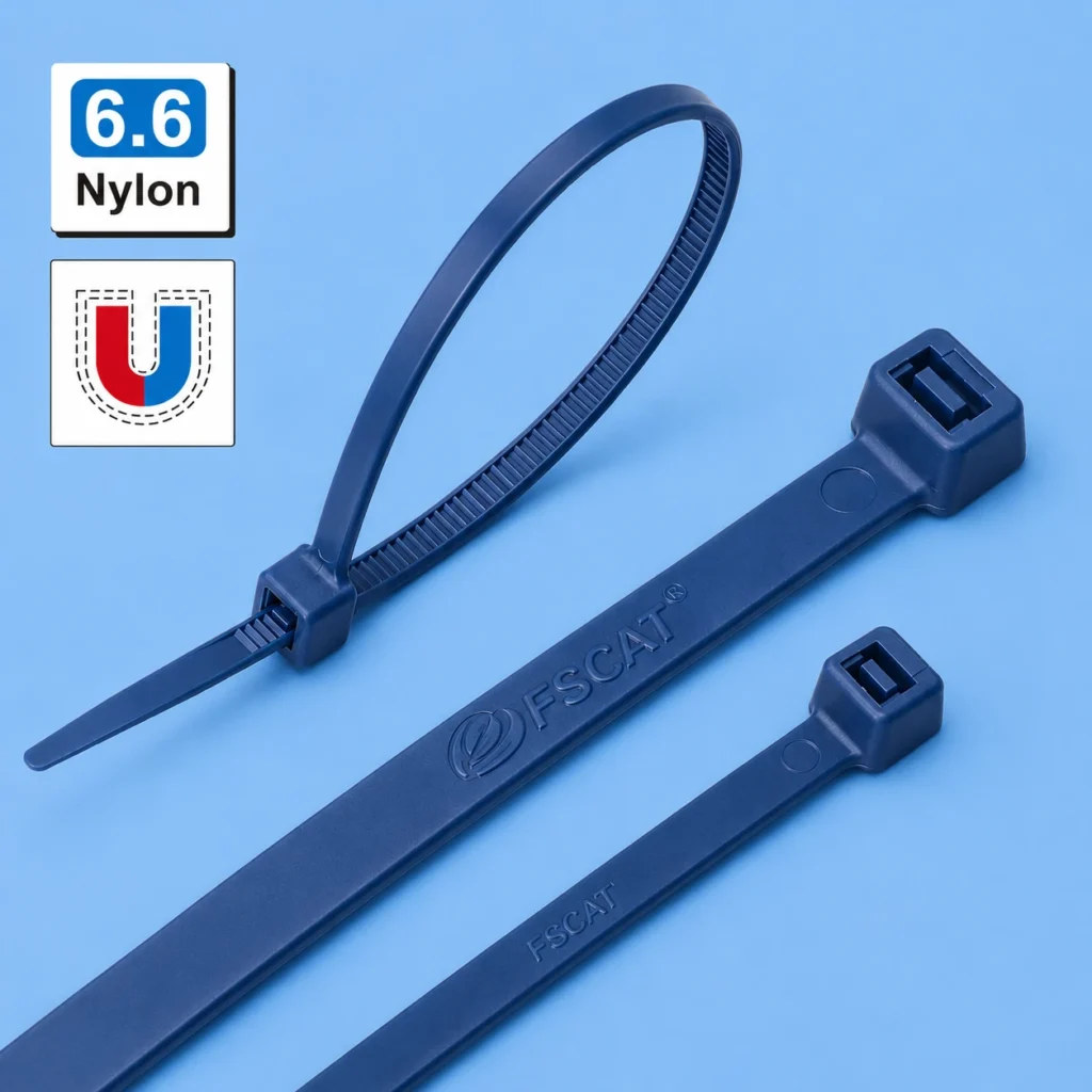 Metal detectable cable ties made from PA66MP nylon