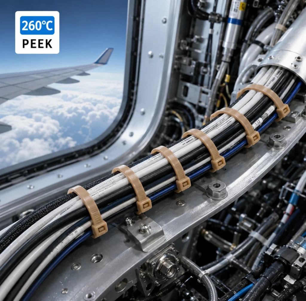 PEEK cable tie 500°F securing aerospace cable bundles