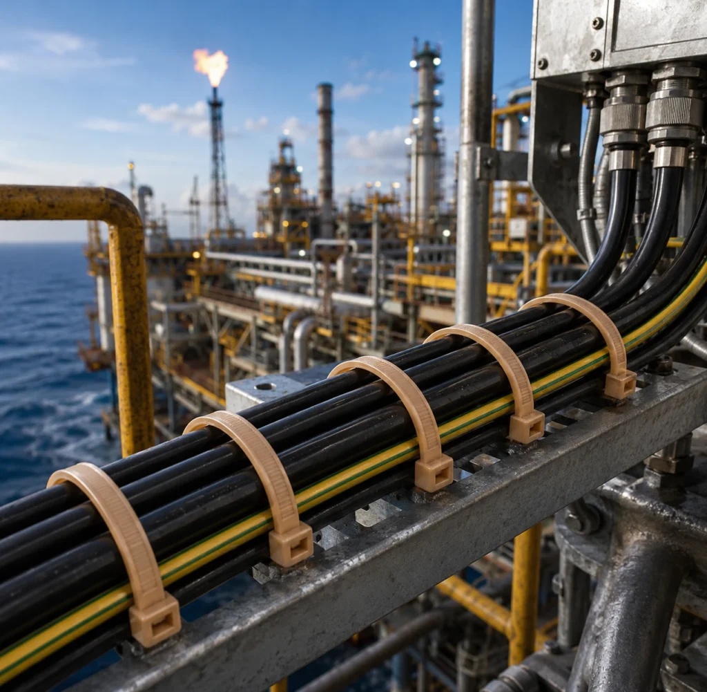 PEEK cable tie 500°F securing oil and gas platform cables